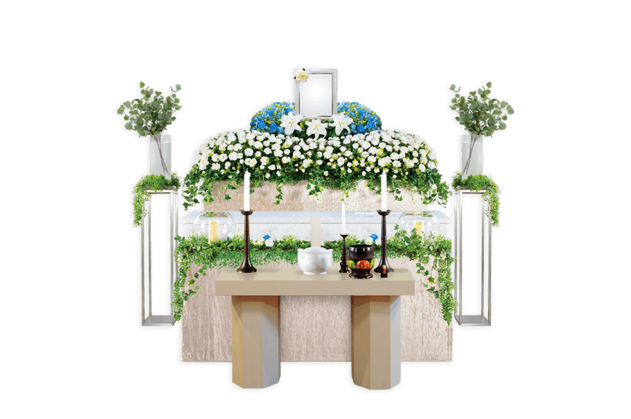 白い花で飾られた生花祭壇